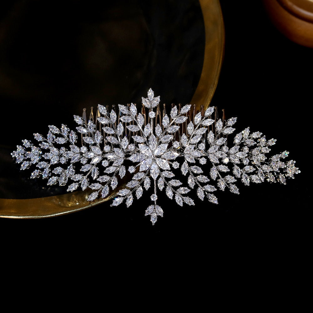 ASNORA AAA CZ Wedding Bridal Hair Comb , Metal color - Gold-color