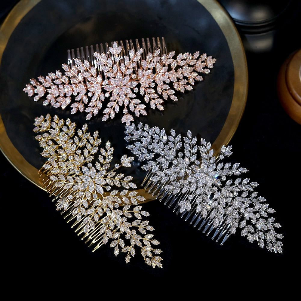 ASNORA AAA CZ Wedding Bridal Hair Comb , Metal color - Rose Gold Color