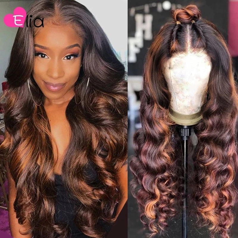 Elia 13x4 Body Wave Highlight Brown Human Hair Lace Wigs