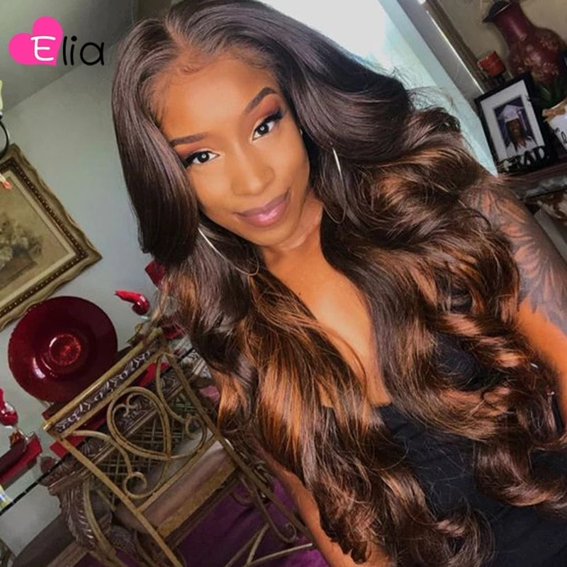 Elia 13x4 Body Wave Highlight Brown Human Hair Lace Wigs