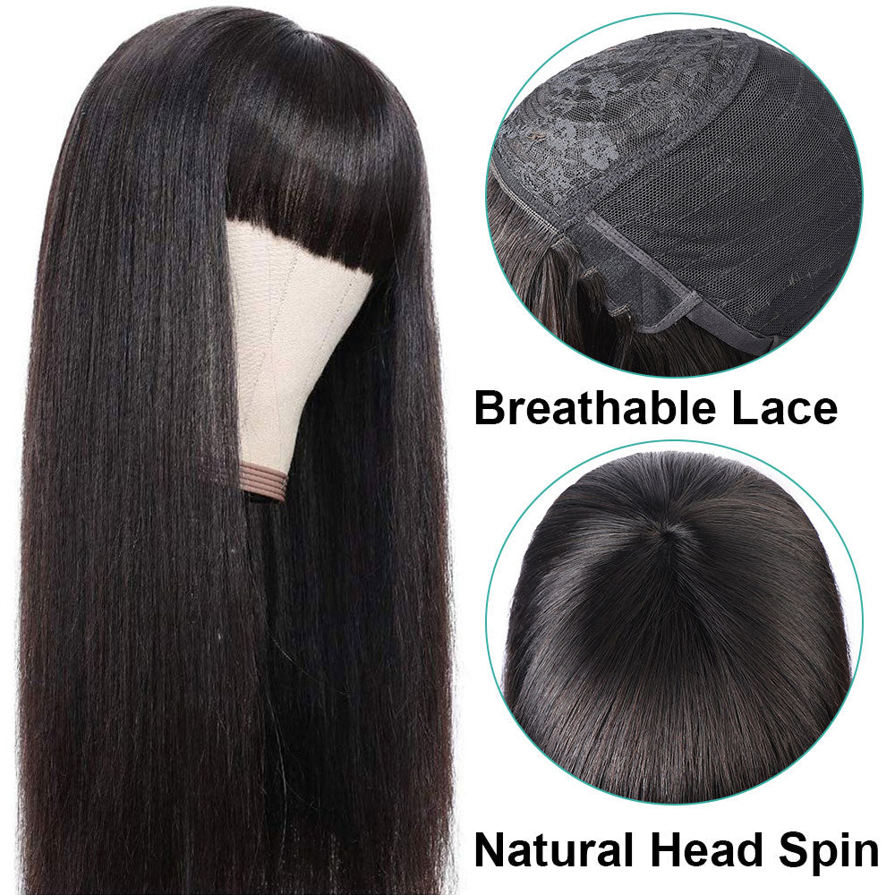 Straight Wig With Bangs Fringe Bob Human Hair Wig With Bangs For Women Brazilian Remy Hair Glueless Full Machine Made With Bangs - your-beauty-matters