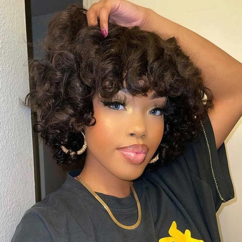Funmi Human Hair Wig With Bangs Full Machine Made Deep Wave Short Egg Rose Curly For Black Women Water Virgin Brazilian PixieCut - your-beauty-matters