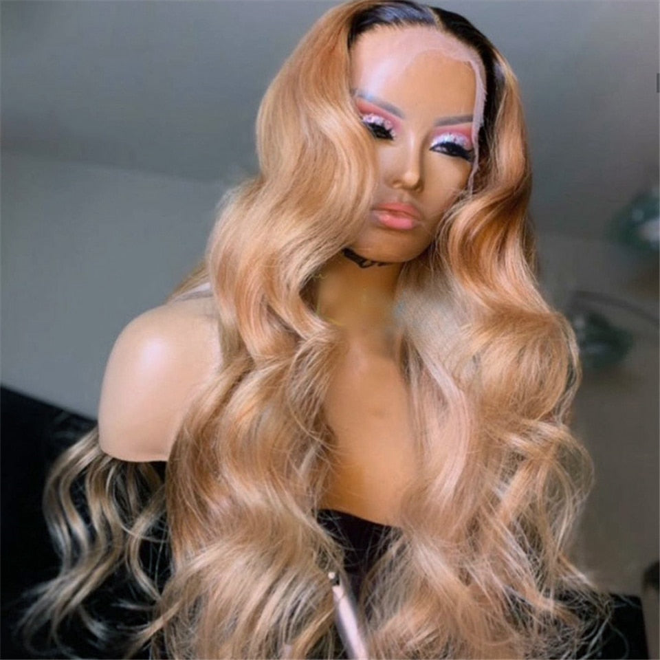 Honey Blonde Ombre Blonde Human Hair Wigs 1B27 Wavy Lace Front Wig 180% Density - your-beauty-matters