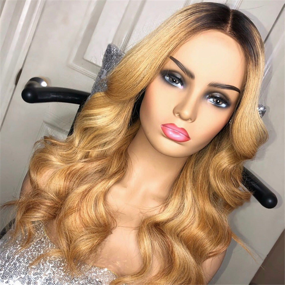 Honey Blonde Ombre Blonde Human Hair Wigs 1B27 Wavy Lace Front Wig 180% Density - your-beauty-matters