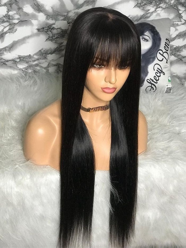 Straight Wig With Bangs Fringe Bob Human Hair Wig With Bangs For Women Brazilian Remy Hair Glueless Full Machine Made With Bangs - your-beauty-matters