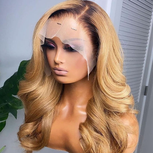 Honey Blonde Ombre Blonde Human Hair Wigs 1B27 Wavy Lace Front Wig 180% Density - your-beauty-matters