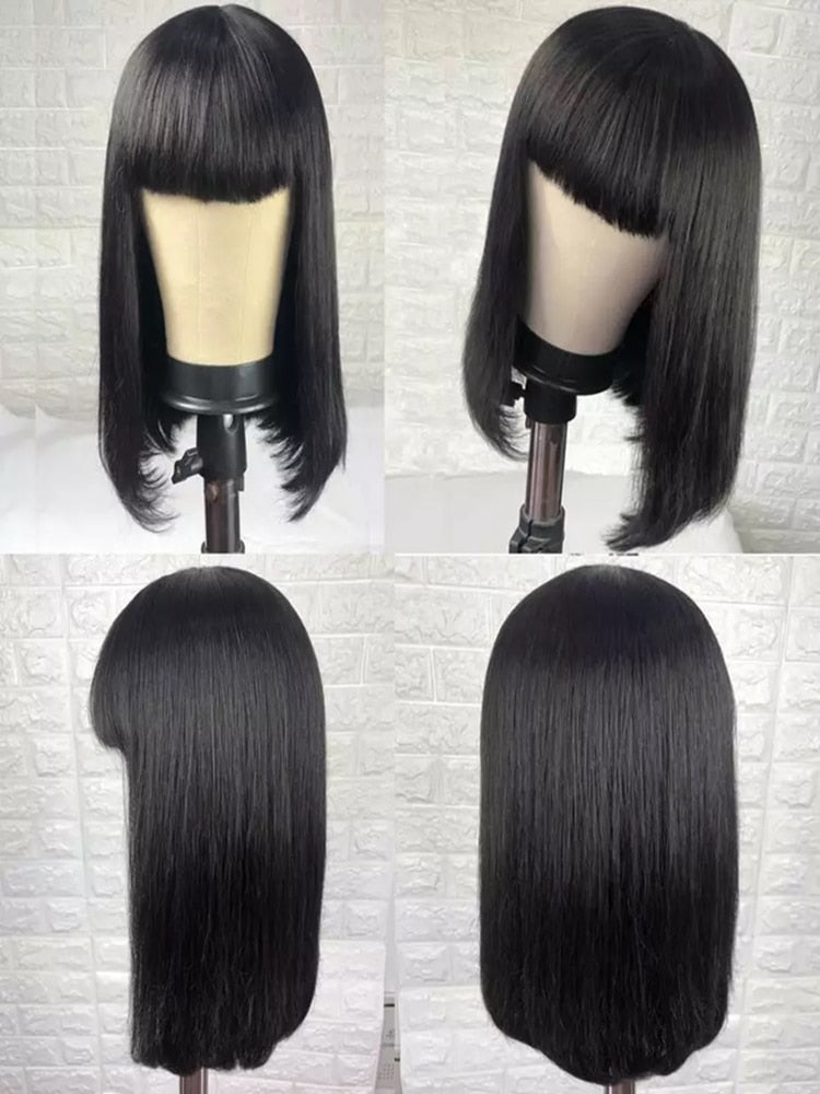 Straight Wig With Bangs Fringe Bob Human Hair Wig With Bangs For Women Brazilian Remy Hair Glueless Full Machine Made With Bangs - your-beauty-matters