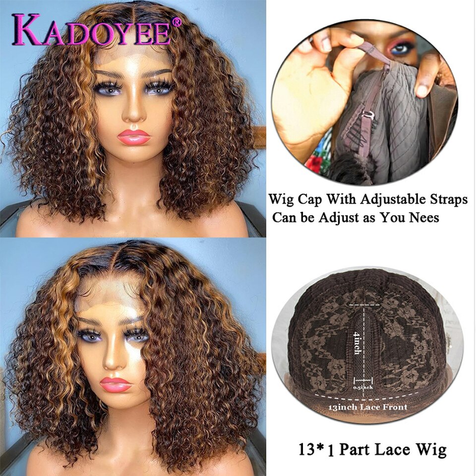 Kadoyee Ombre Brown Blonde Part Lace Wig Highlight Curly Bob - your-beauty-matters