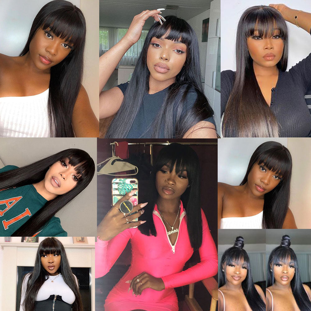 Straight Wig With Bangs Fringe Bob Human Hair Wig With Bangs For Women Brazilian Remy Hair Glueless Full Machine Made With Bangs - your-beauty-matters