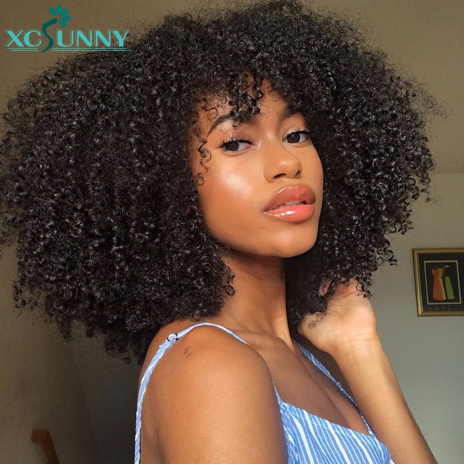 Xcsunny Afro Kinky Curly Wig With Bangs Full Machine Made Scalp - your-beauty-matters