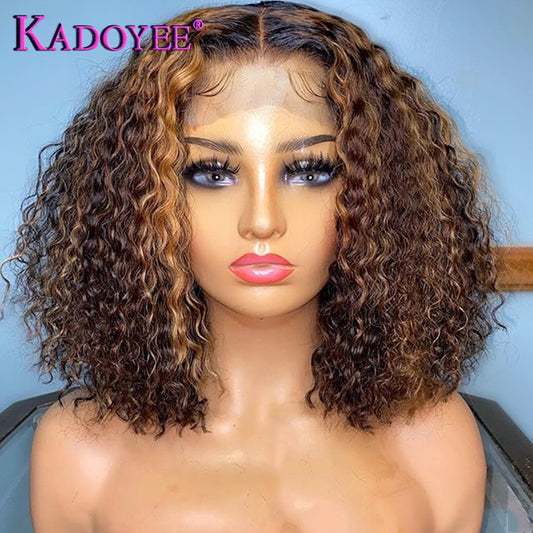Kadoyee Ombre Brown Blonde Part Lace Wig Highlight Curly Bob - your-beauty-matters