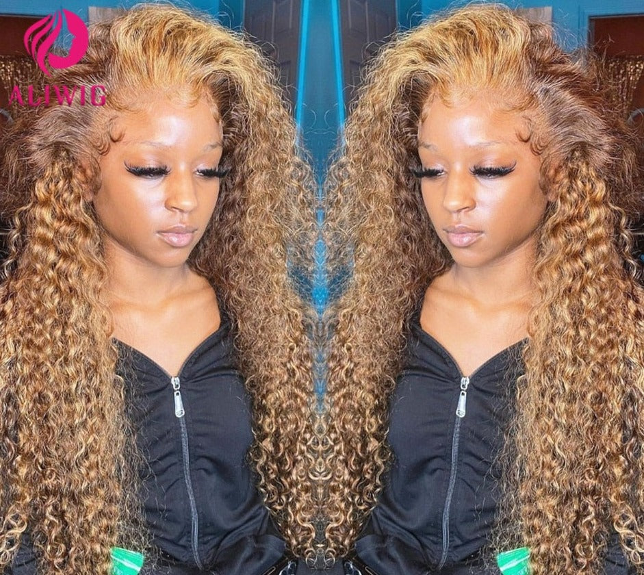 13x4 Highlighted Kinky Curly Lace Front Wig Honey Blonde Colored - your-beauty-matters
