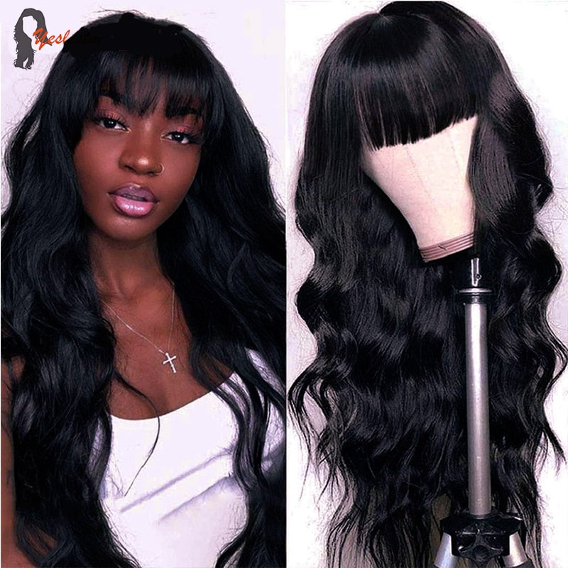 Body Wave Human Hair Wigs With Bangs with Remy Brazilian Human Hair