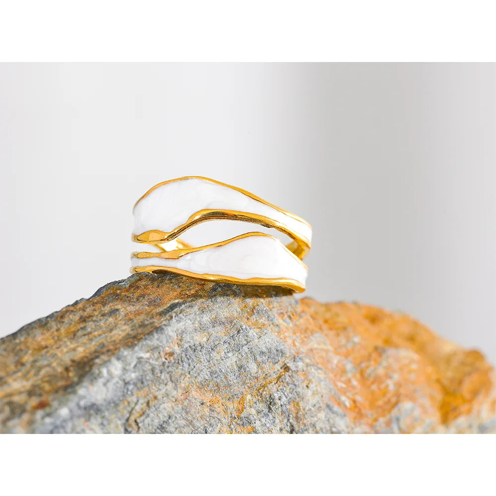 Yhpup Fashion White Enamel Creative Irregular 316 Stainless Steel Open Ring