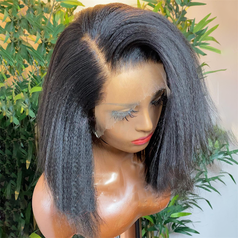 Middle Part Preplucked Glueless 180Density Short Bob Yaki Kinky Straight Lace Front Wig