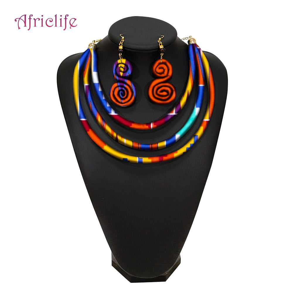 African Rope Necklace Print Wax Ankara Fabric Necklace and Earrings 2 Pieces Set