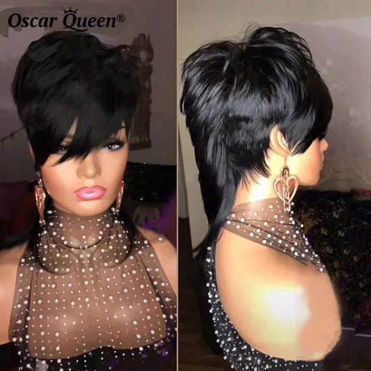 100% Human Hair Mullet Cut Straight Wig With Bangs