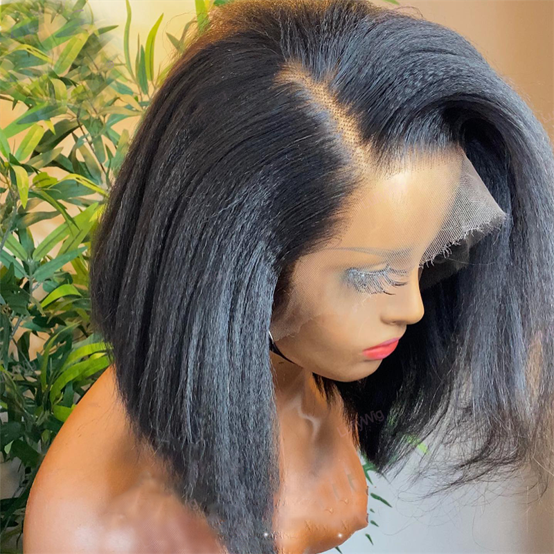Middle Part Preplucked Glueless 180Density Short Bob Yaki Kinky Straight Lace Front Wig