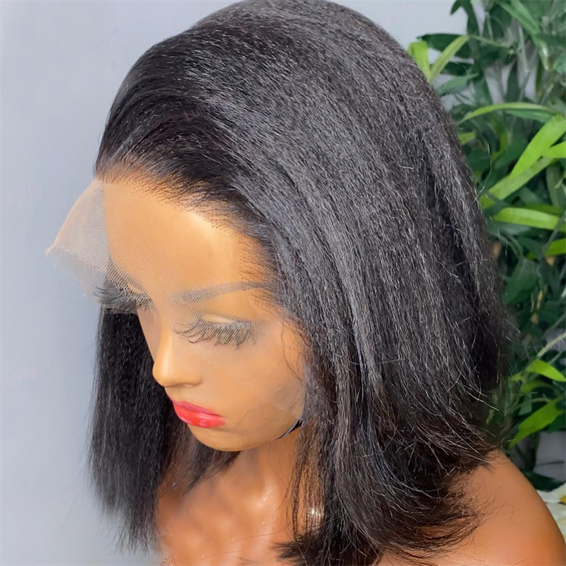 Middle Part Preplucked Glueless 180Density Short Bob Yaki Kinky Straight Lace Front Wig