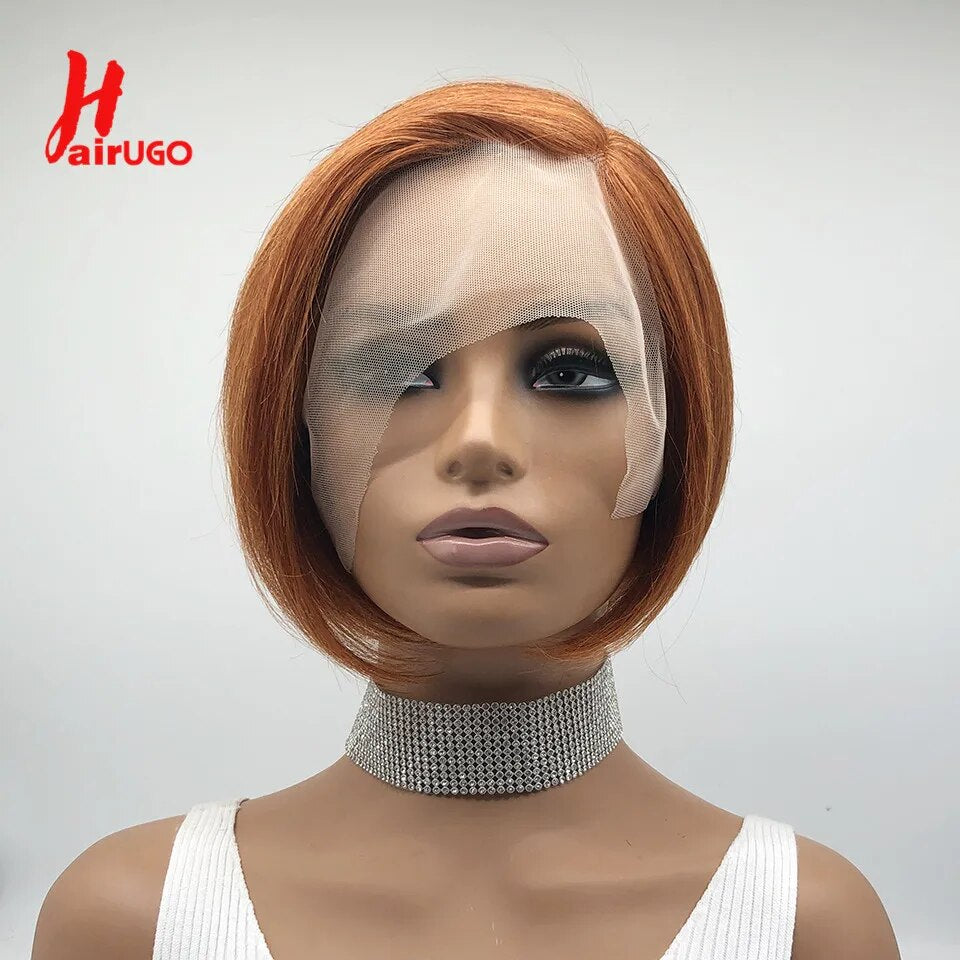 HairUGo Highlight Orange Short Pixie Cut Part Human Hair Lace Wigs