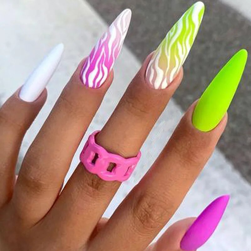 24pcs Long Almond False Nails Green Wave Leopard Print