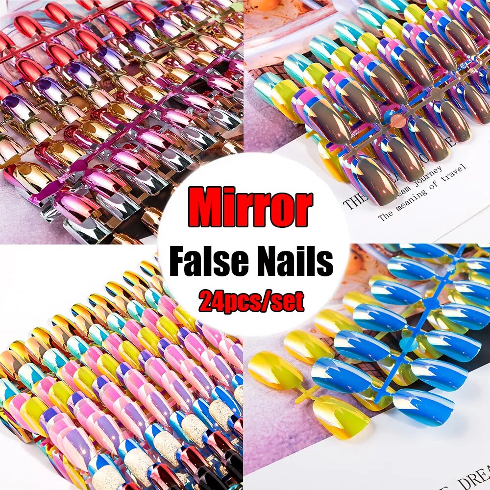 24pcs/kit Reflective Mirror Metallic Point Fake Artificial Nail Extensions