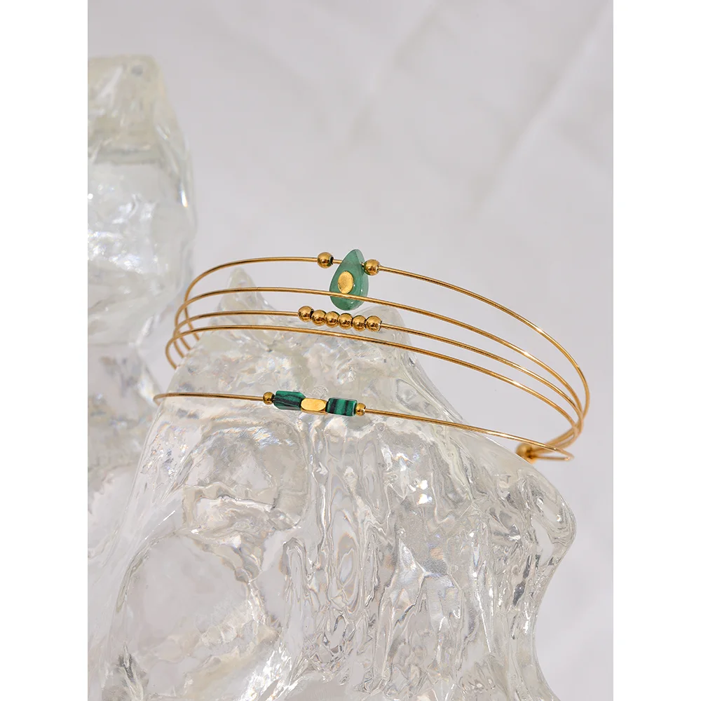 Yhpup 2023 Stainless Steel Green Agent Stone Multi-Layer Thin Circle Cuff Bracelet