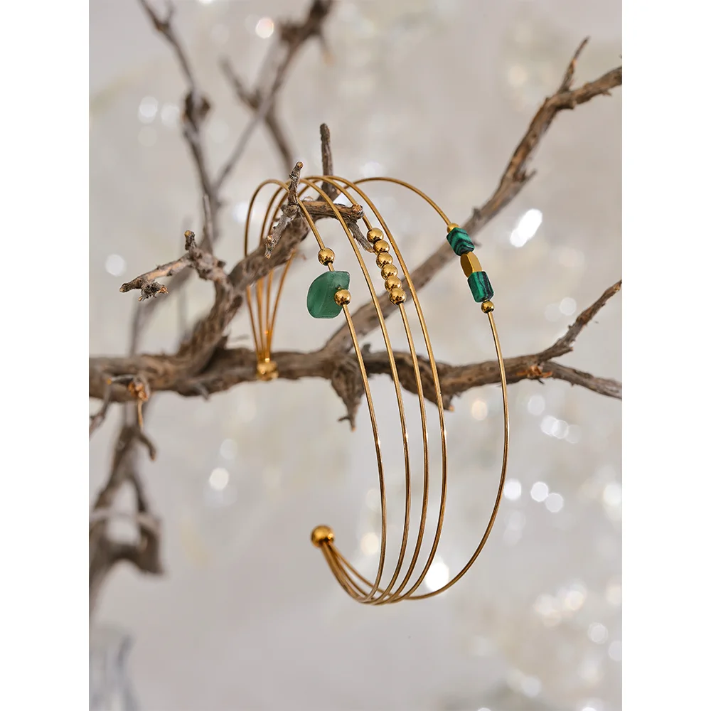 Yhpup 2023 Stainless Steel Green Agent Stone Multi-Layer Thin Circle Cuff Bracelet