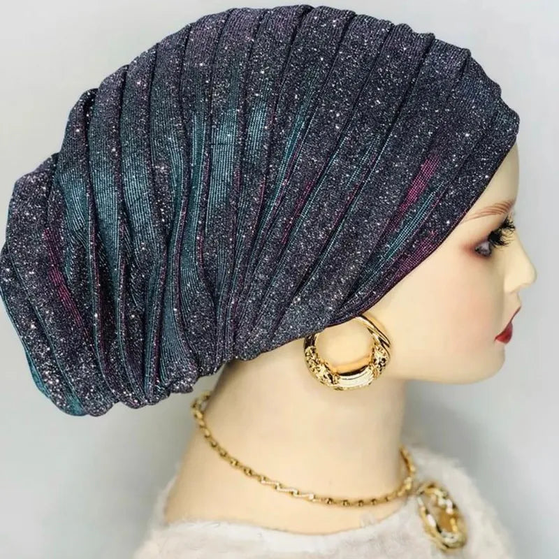 Glitter Full Body Pleated Turban Head Wraps