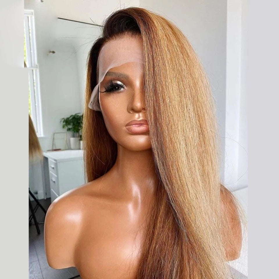 Ombre Honey Blonde Ponytail Yaki Straight HD Lace Pre-Plucked Human Hair Glueless Kinky Straight Wig