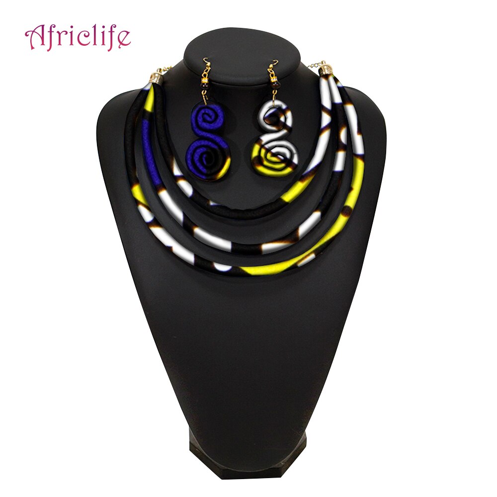 African Rope Necklace Print Wax Ankara Fabric Necklace and Earrings 2 Pieces Set