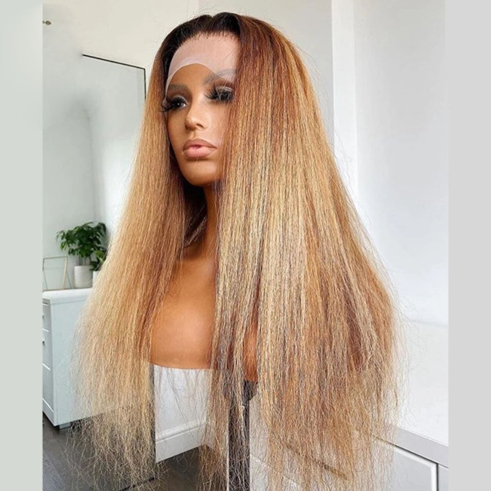 Ombre Honey Blonde Ponytail Yaki Straight HD Lace Pre-Plucked Human Hair Glueless Kinky Straight Wig