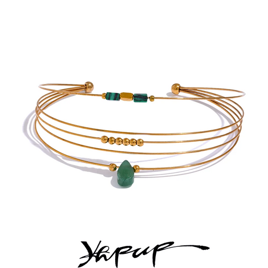 Yhpup 2023 Stainless Steel Green Agent Stone Multi-Layer Thin Circle Cuff Bracelet