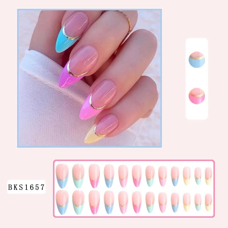 24pcs Long Almond False Nails Green Wave Leopard Print