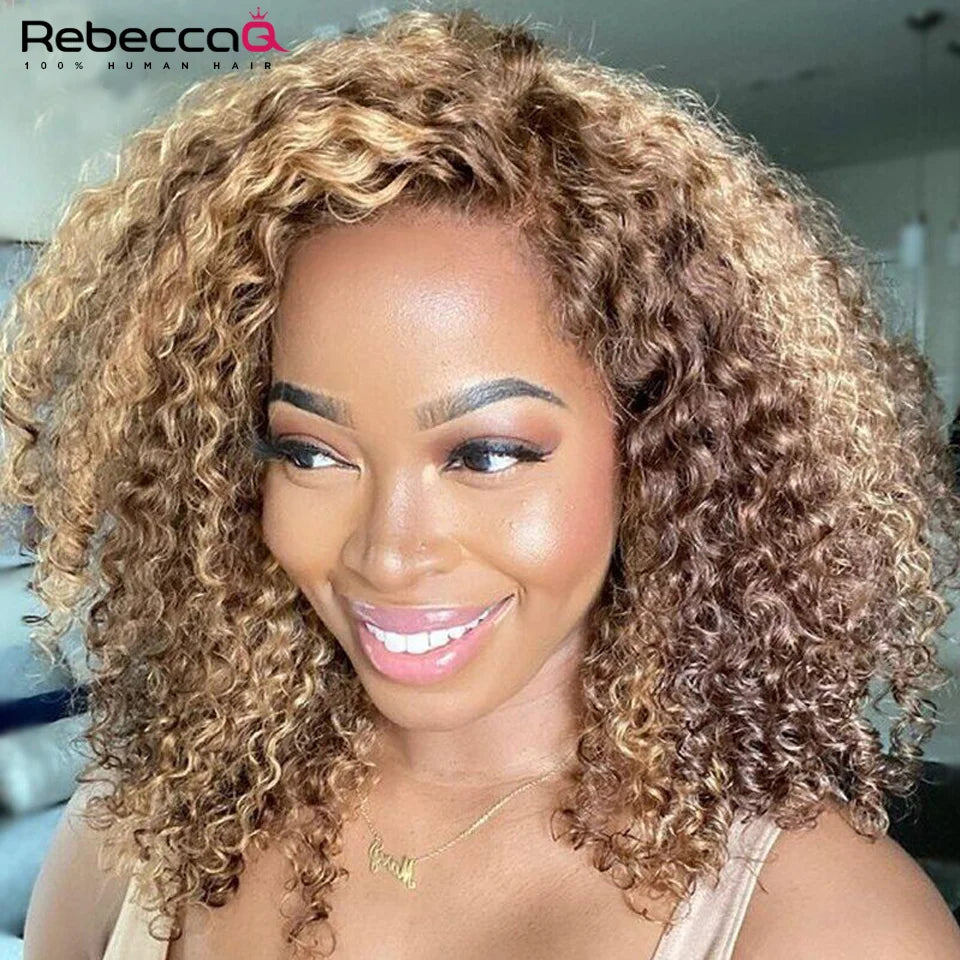 Highlight Short Curly Bob Wig 13x4x1 Lace Front Human Hair Wigs Pre Plucked P4/27 Colored