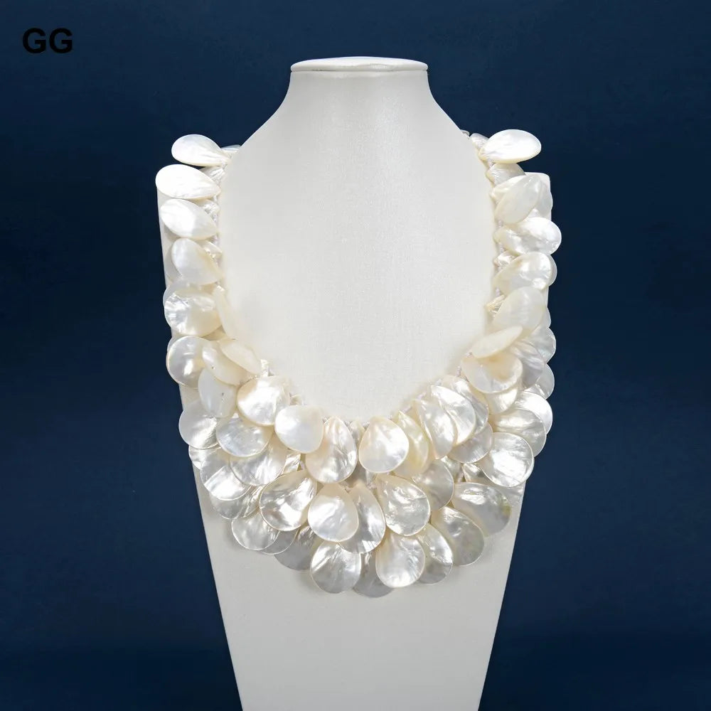 GG Jewelry 3 Strands Natural Huge 20x30MM White Shell MOP Top-drilled Mother Of Pearl Necklace