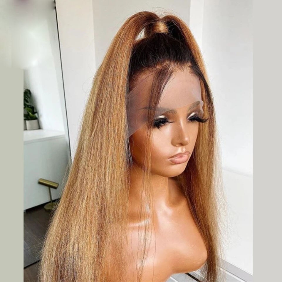 Ombre Honey Blonde Ponytail Yaki Straight HD Lace Pre-Plucked Human Hair Glueless Kinky Straight Wig