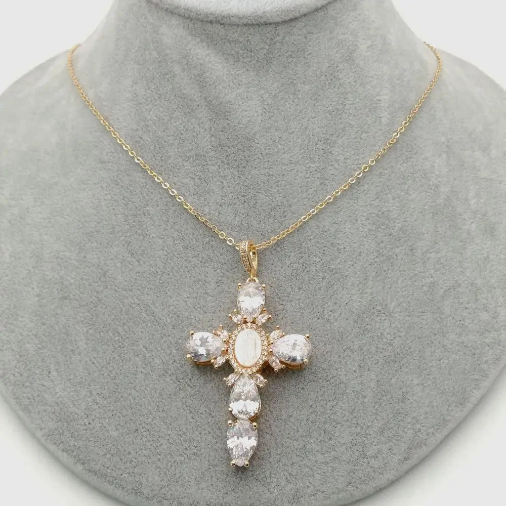17.5" Shell pearl Cubic Zirconia micro pave Necklace Virgin Mary Cross Pendant