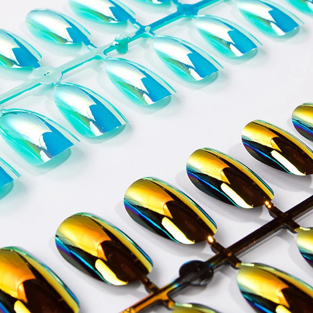 24pcs/kit Reflective Mirror Metallic Point Fake Artificial Nail Extensions