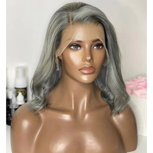 Grey Platinum Short Bob Lace Front Human Hair Wigs Glueless Side Part Wavy