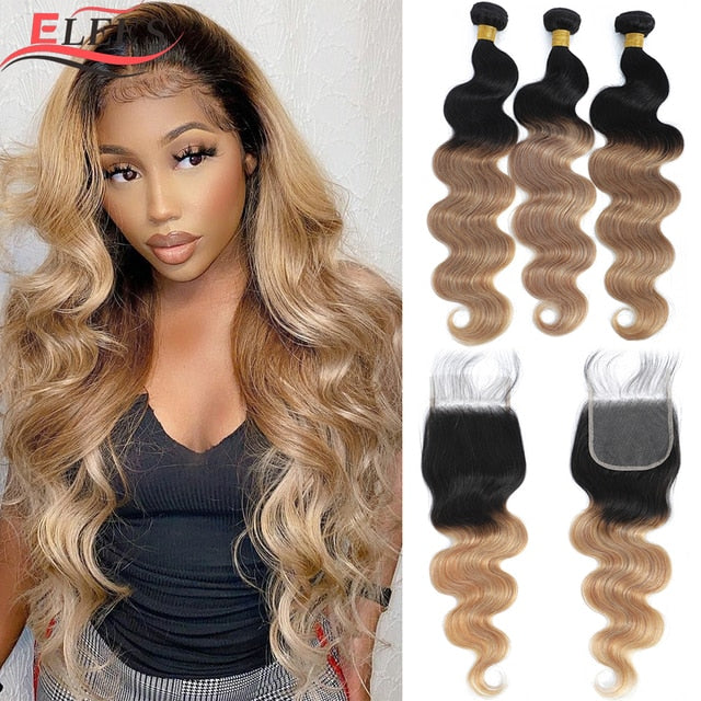 Ombre Body Wave Bundles With Closure - Hair Bundles With Lace Closures