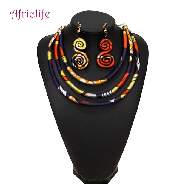 African Rope Necklace Print Wax Ankara Fabric Necklace and Earrings 2 Pieces Set