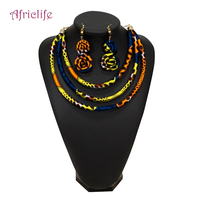 African Rope Necklace Print Wax Ankara Fabric Necklace and Earrings 2 Pieces Set