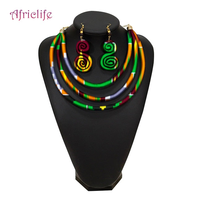 African Rope Necklace Print Wax Ankara Fabric Necklace and Earrings 2 Pieces Set