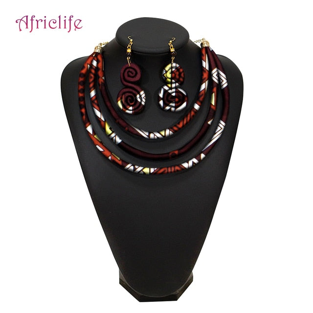 African Rope Necklace Print Wax Ankara Fabric Necklace and Earrings 2 Pieces Set