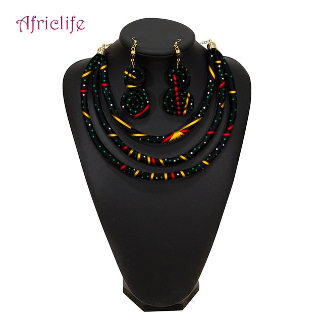 African Rope Necklace Print Wax Ankara Fabric Necklace and Earrings 2 Pieces Set