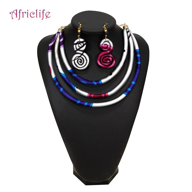 African Rope Necklace Print Wax Ankara Fabric Necklace and Earrings 2 Pieces Set