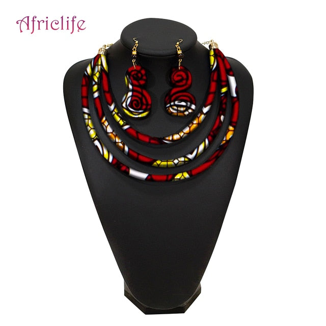 African Rope Necklace Print Wax Ankara Fabric Necklace and Earrings 2 Pieces Set