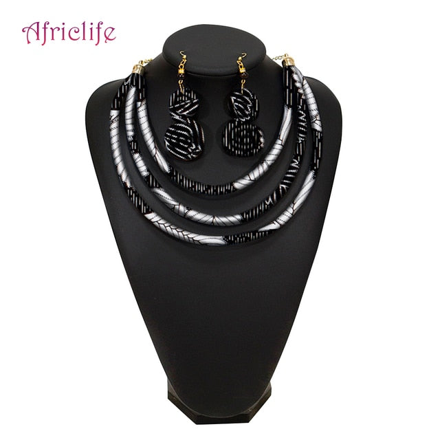 African Rope Necklace Print Wax Ankara Fabric Necklace and Earrings 2 Pieces Set