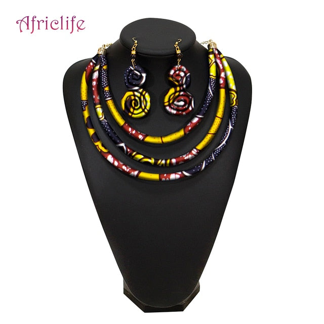African Rope Necklace Print Wax Ankara Fabric Necklace and Earrings 2 Pieces Set